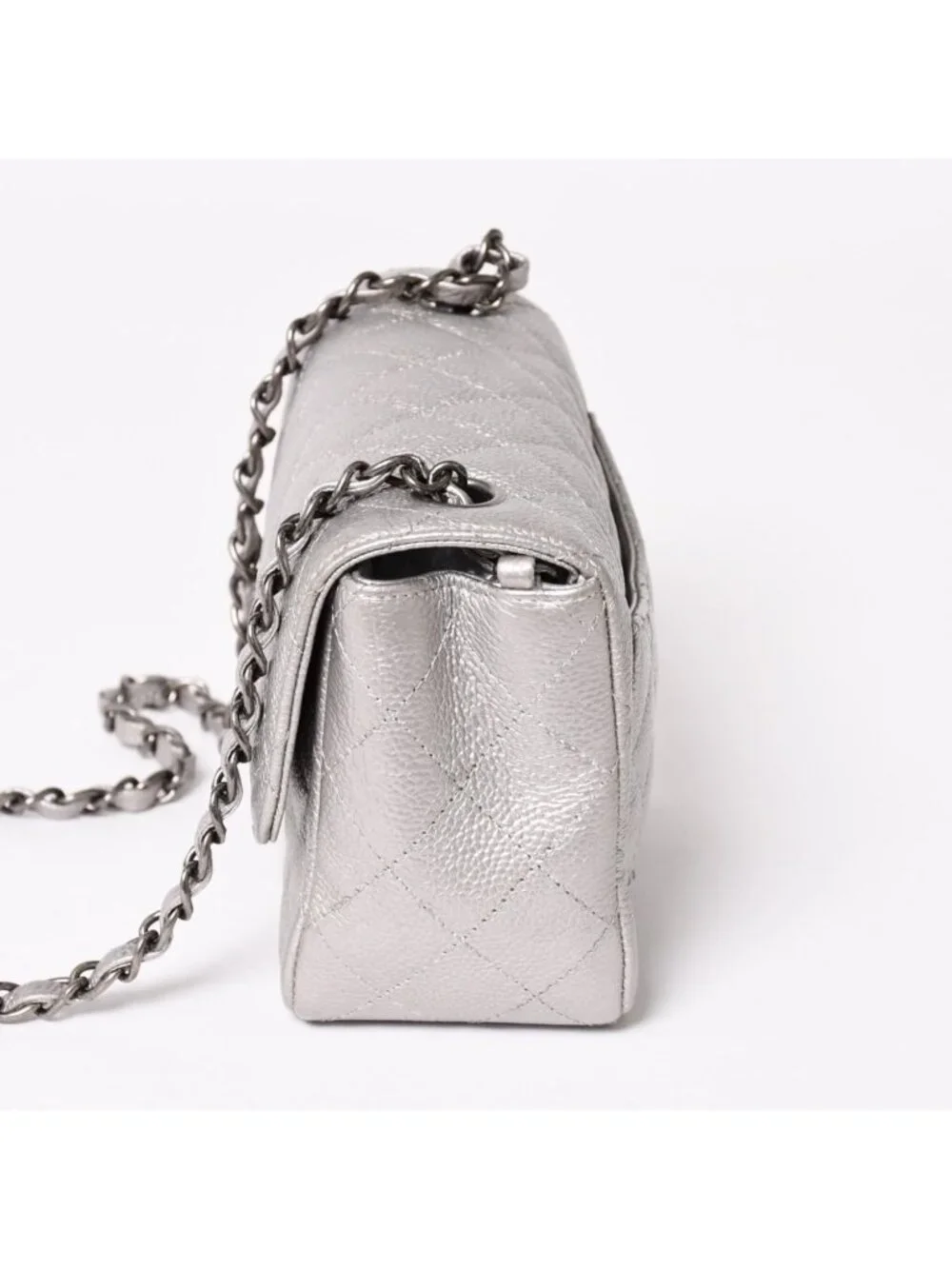 Chanel Mini Quilted 17 S Flap S Chain Shoulder Bag CC Logo Caviar Leather Silver